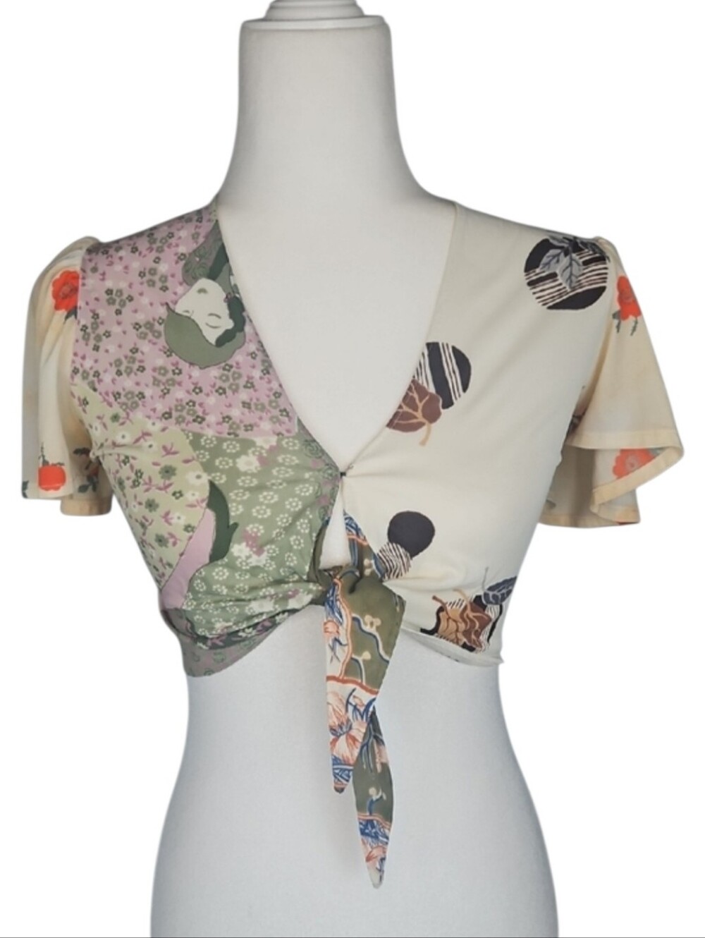 Kawaii Kimono Crop Top Japanese Whimsy Jade Green Pink Cream Bell Sleeves *XS - Picture 10 of 10